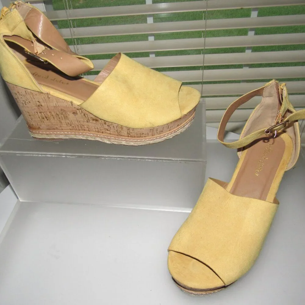 Altar’d State Espadrille Cork Wedge Sandals – Mustard Yellow Suede, Size 10